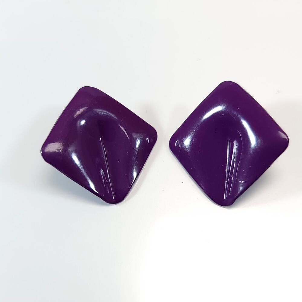 Vintage Purple Metal Diamond Shaped Earrings, Glossy Finish, Bold Design